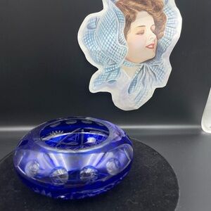 Vintage Cobalt Blue Cut to Clear Crystal Bowl Starburst Base Bohemian Heavy
